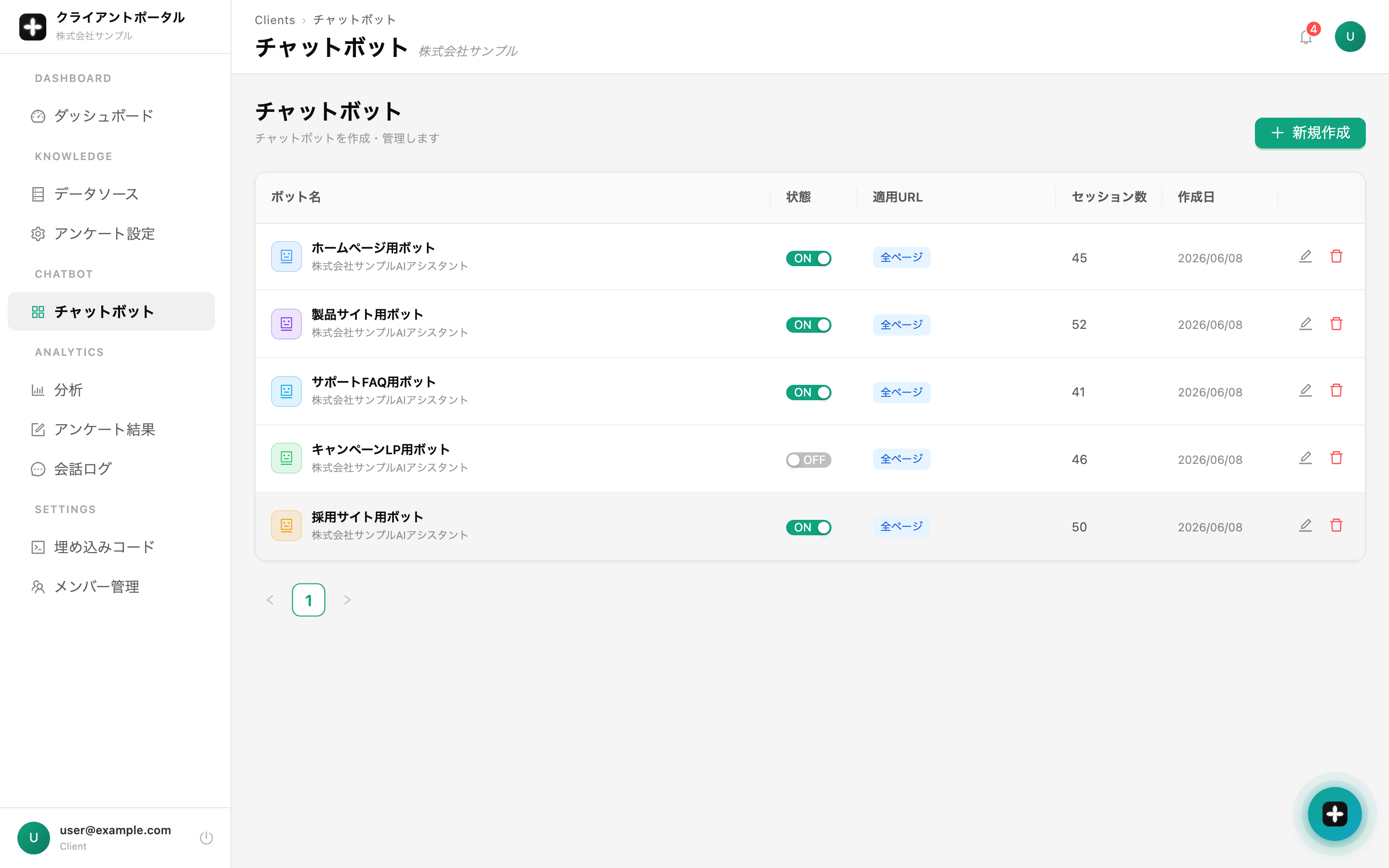 チャットボット管理画面